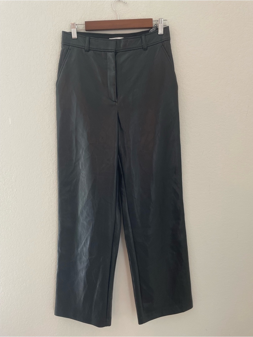 Babaton Black Faux Leather Wide Leg Trouser Pants Shine Size 8